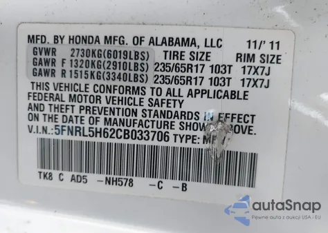 2012 Honda Odyssey Ex-L from USA, damaged, VIN 5FNRL5H62CB033706